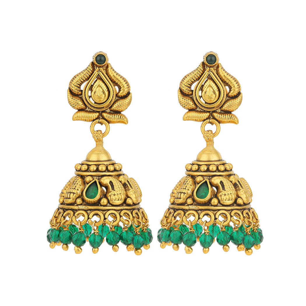 Royal Green Stone Paisley Gold Plated Dome 925 Sterling Silver Green Drop Jhumkha for Women