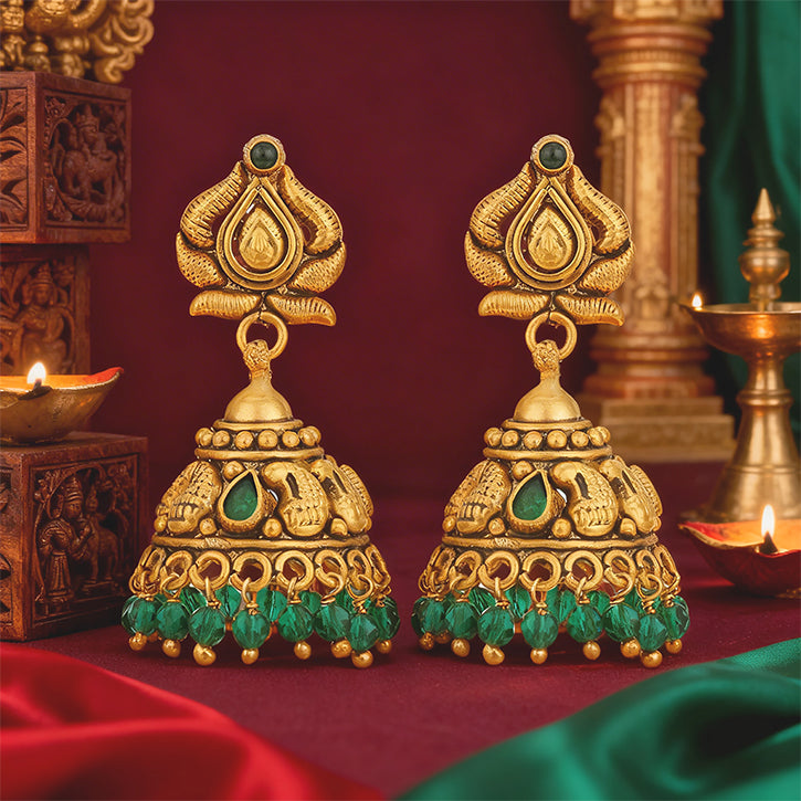 Royal Green Stone Paisley Gold Plated Dome 925 Sterling Silver Green Drop Jhumkha for Women