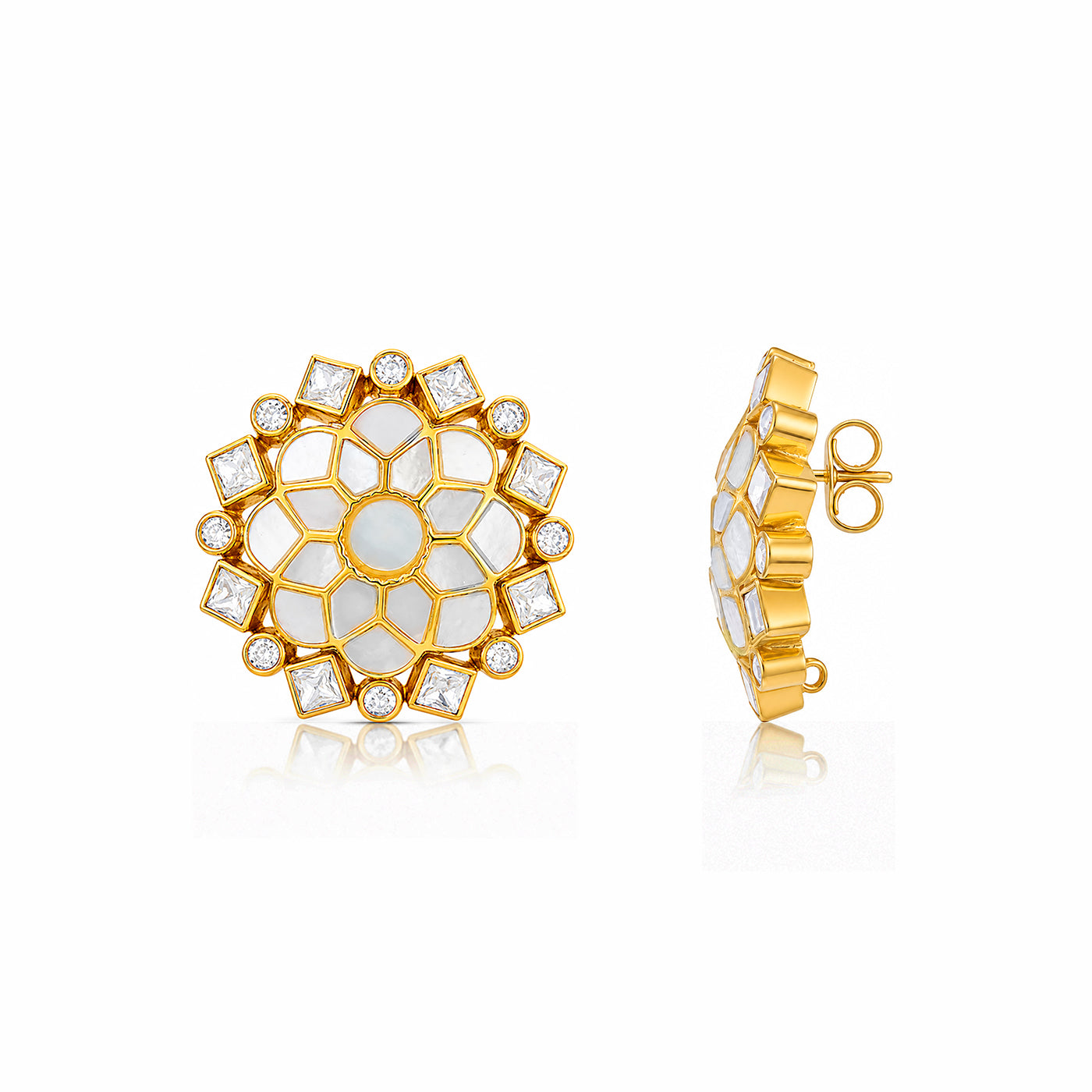 Royal Ivory Polki 925 Sterling Silver Floral Stud Earrings