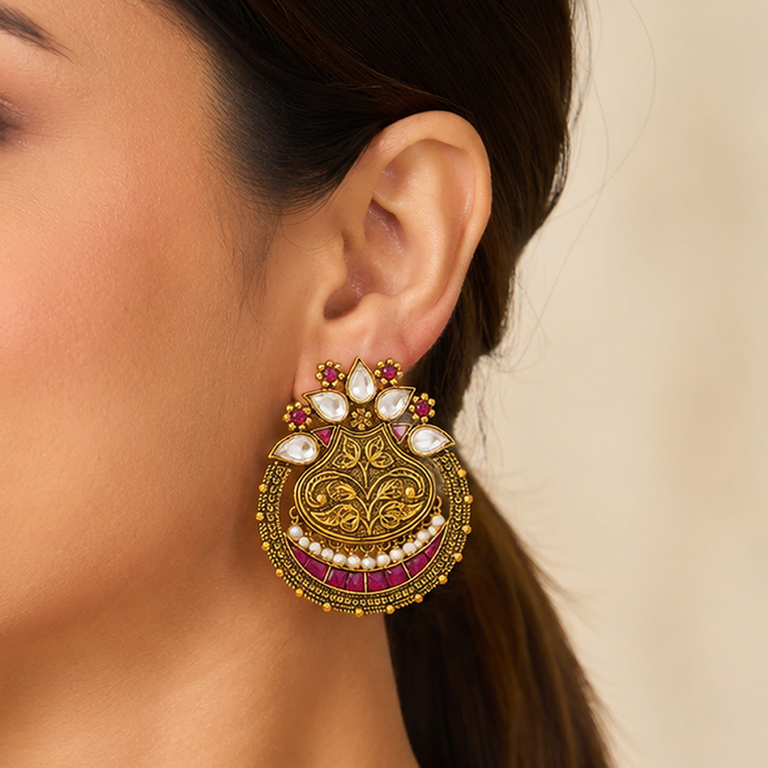 Royal Kundan 925 Sterling Silver Pearl Chandbali Earrings
