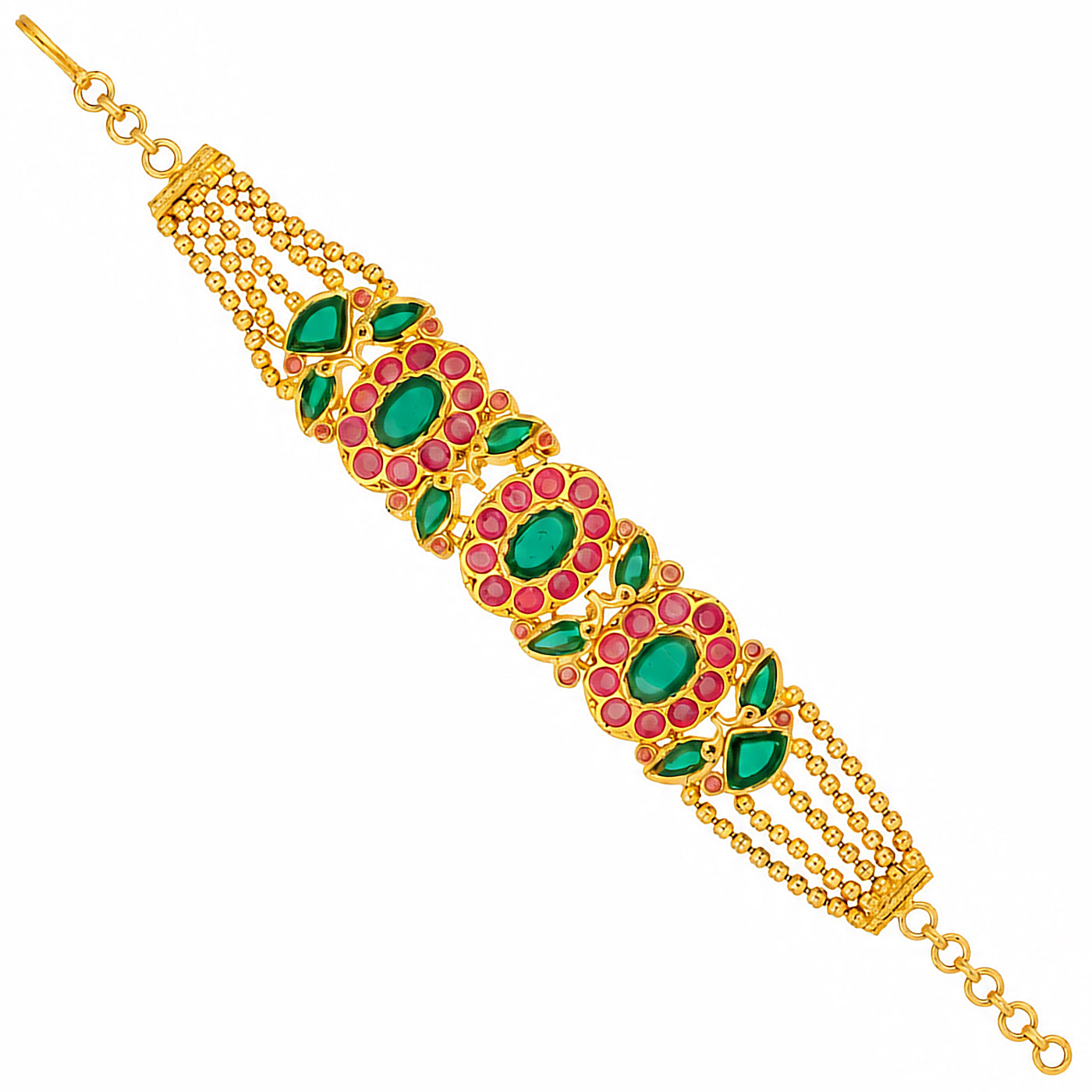 Royal Kundan Floral Pink Green Gold Silver Plated Bracelet