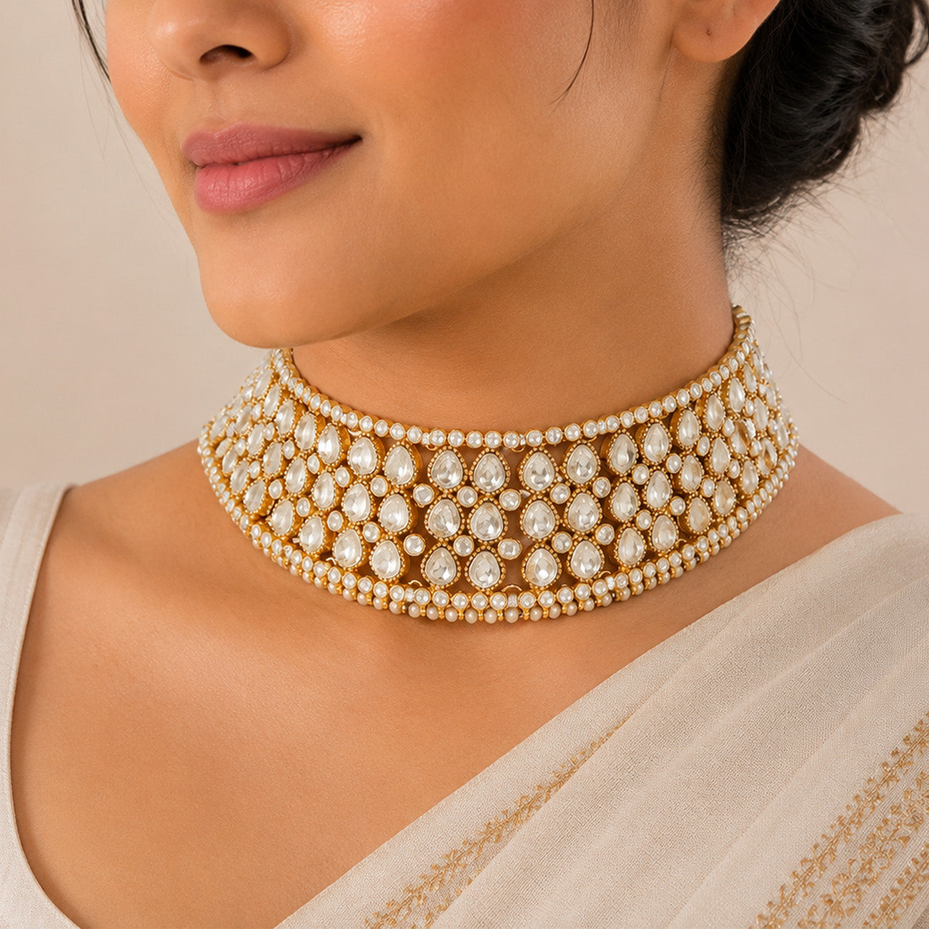 Royal Kundan Teardrop 925 Sterling Silver Choker Necklace