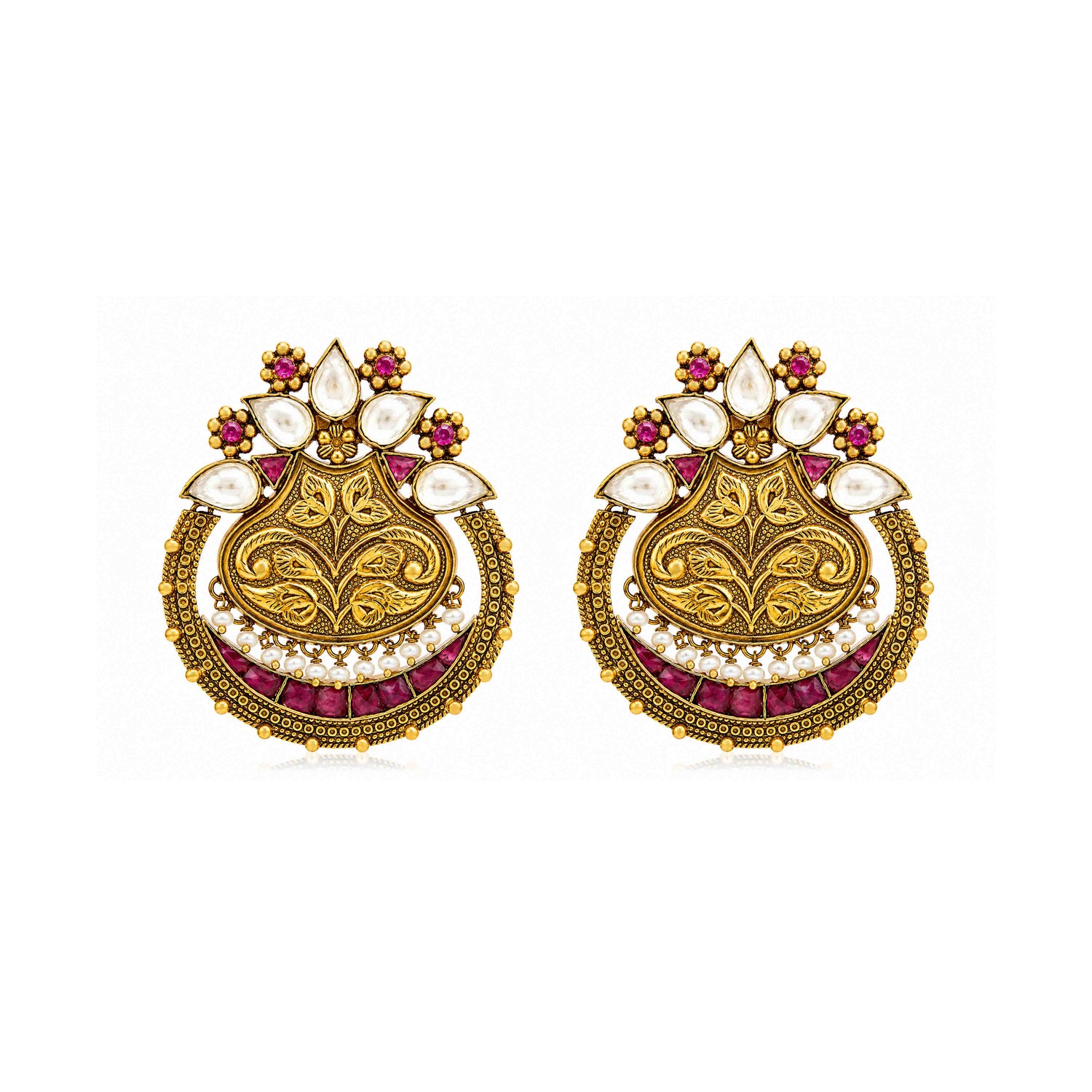 Royal Kundan 925 Sterling Silver Pearl Chandbali Earrings