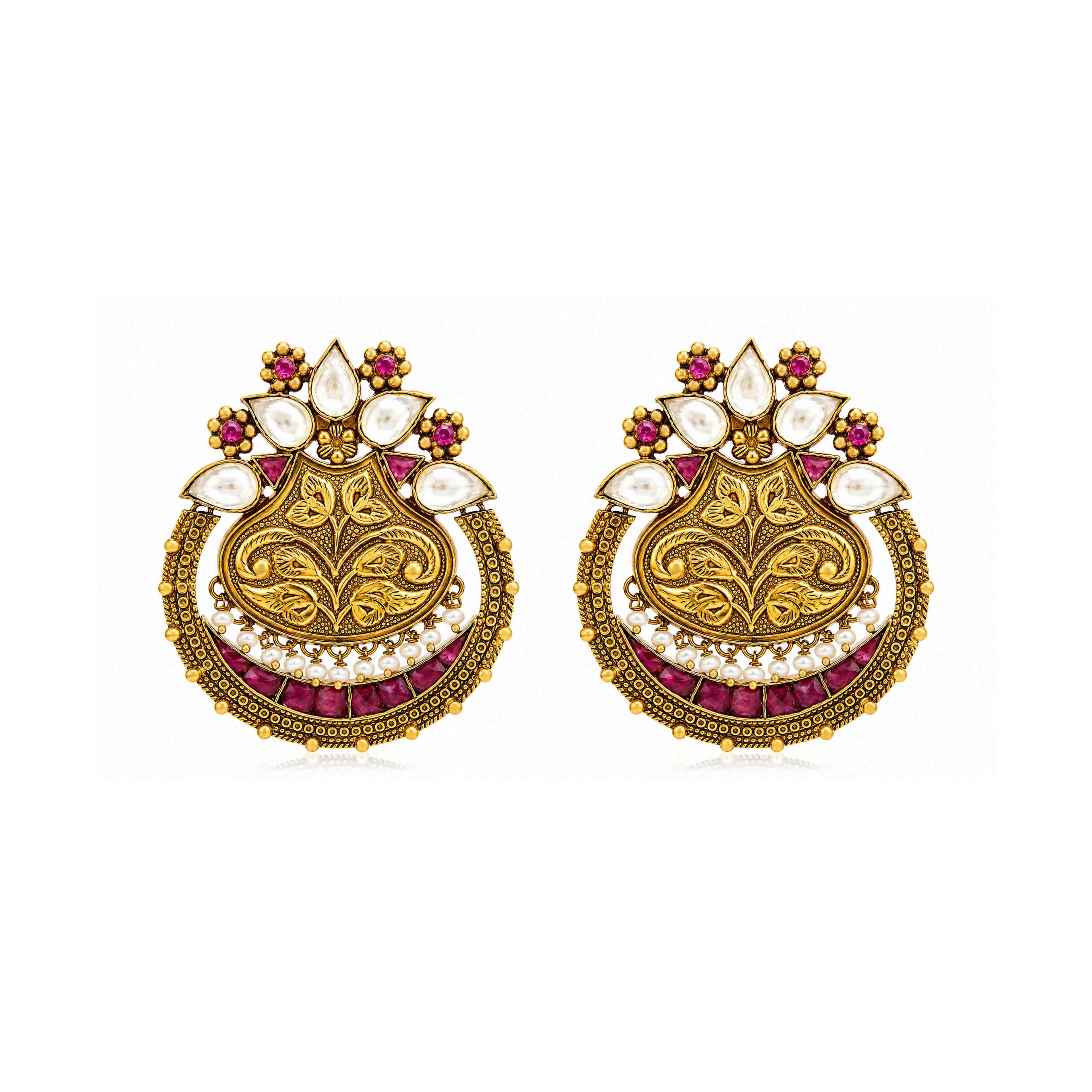 Royal Kundan 925 Sterling Silver Pearl Chandbali Earrings
