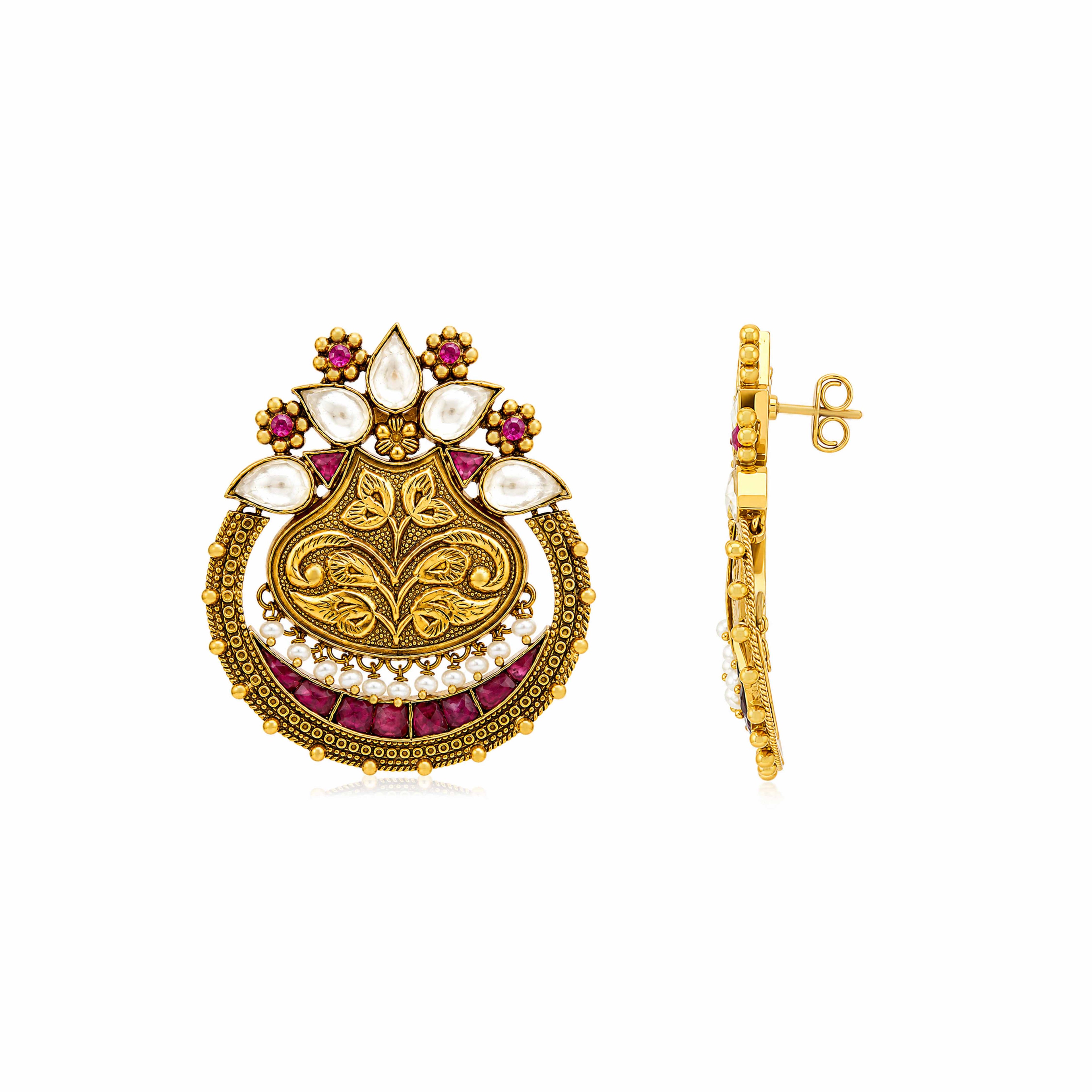 Royal Kundan 925 Sterling Silver Pearl Chandbali Earrings