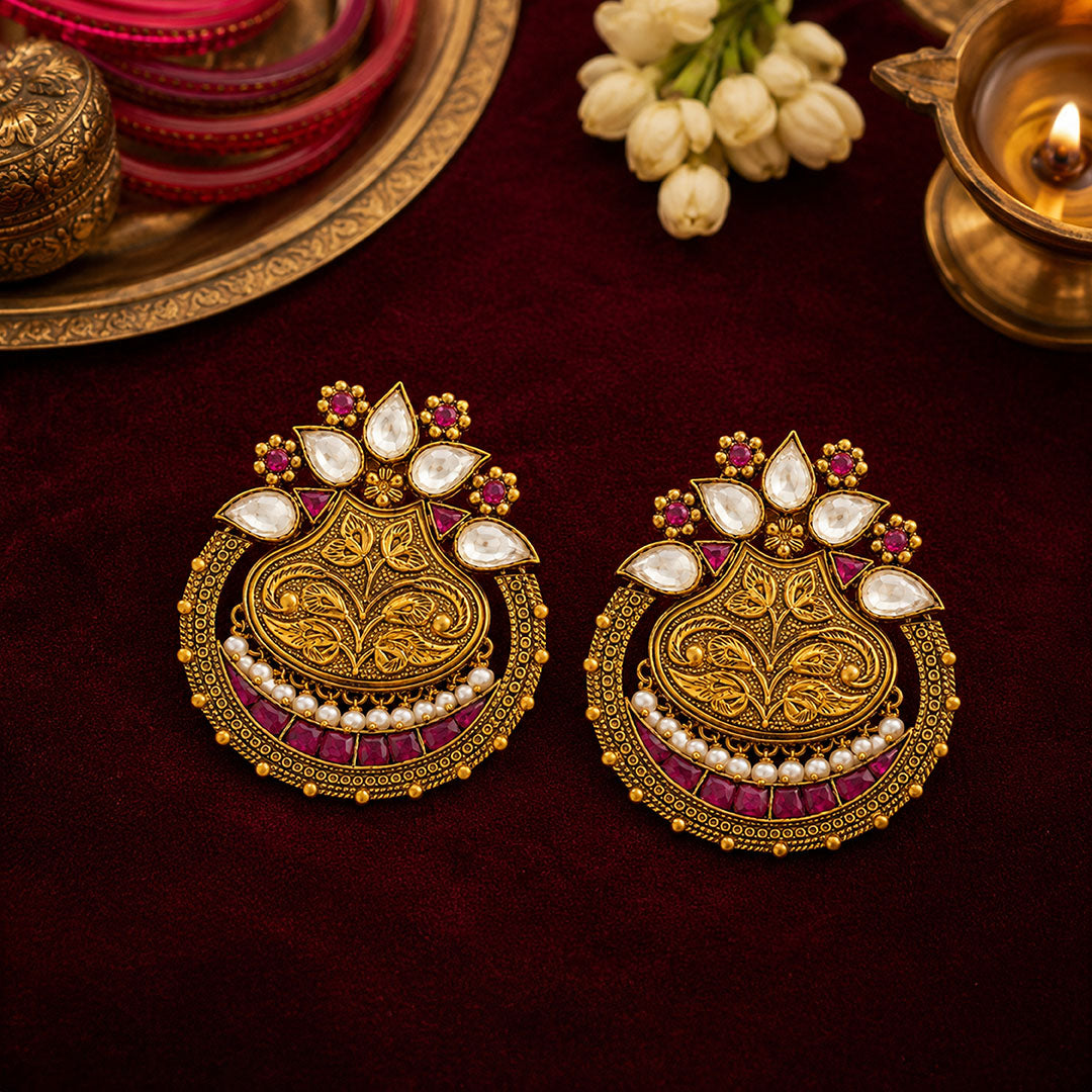 Royal Kundan 925 Sterling Silver Pearl Chandbali Earrings