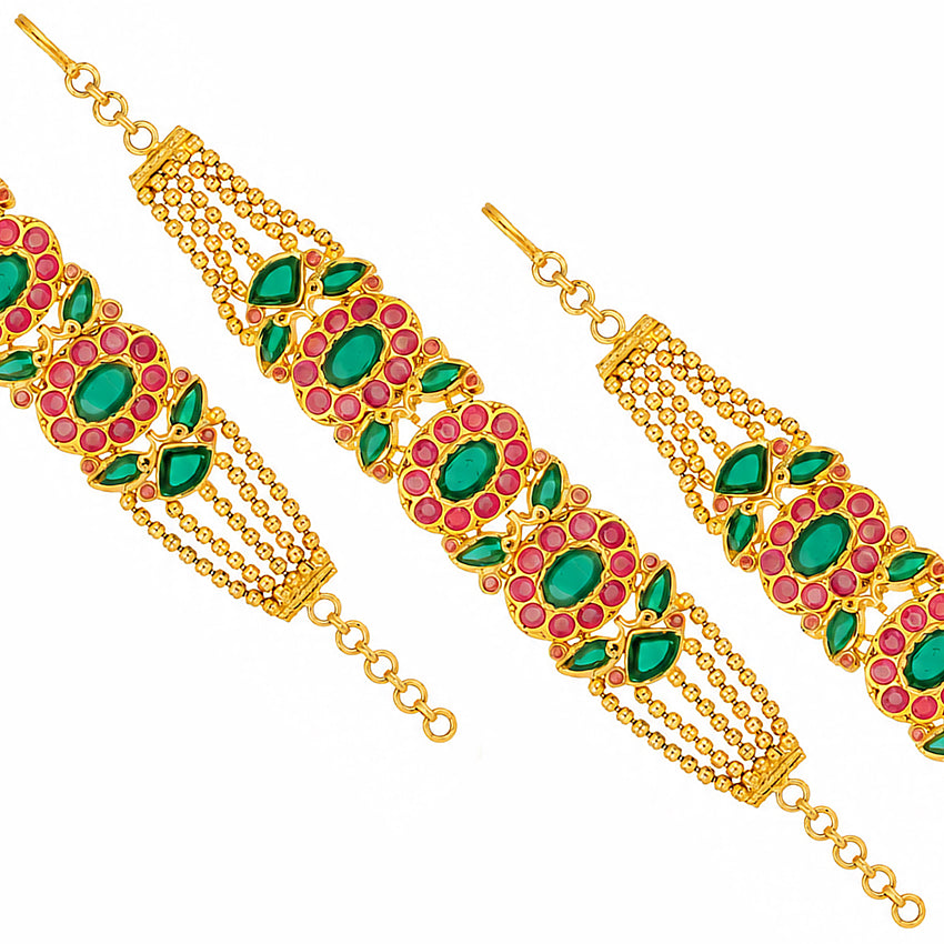 Royal Kundan Floral Pink Green Gold Silver Plated Bracelet