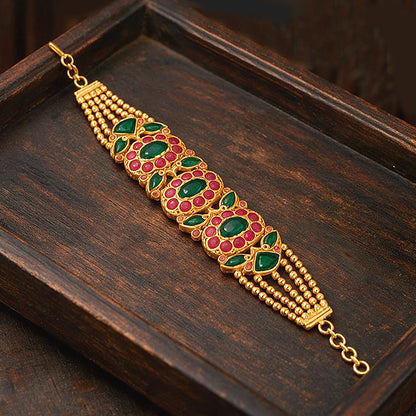 Royal Kundan Floral Pink Green Gold Silver Plated Bracelet