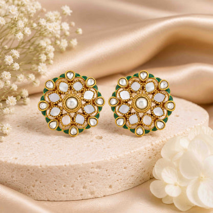 Royal Kundan Silver Floral Stud Earrings
