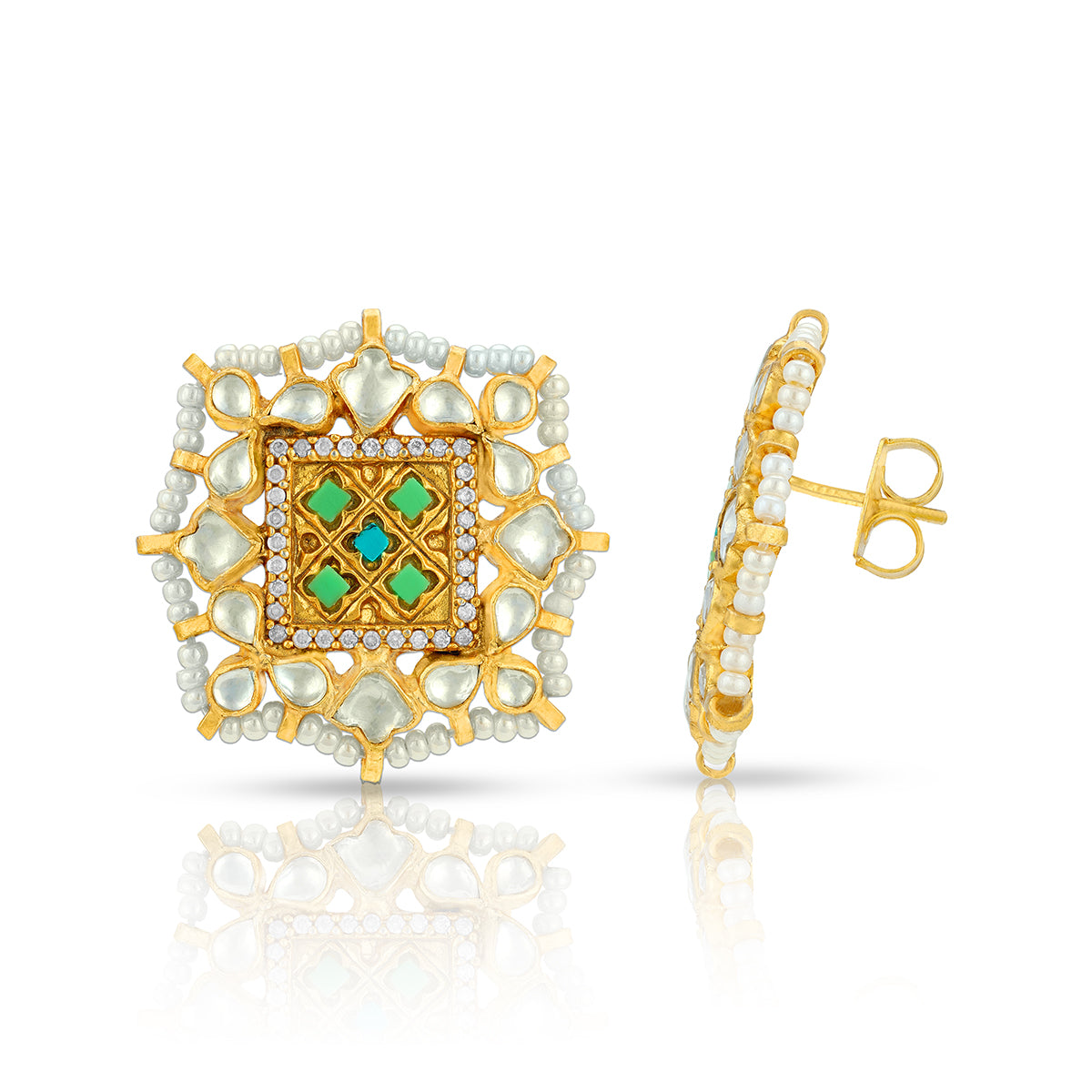 Royal Kundan Square 925 Sterling Silver Earrings