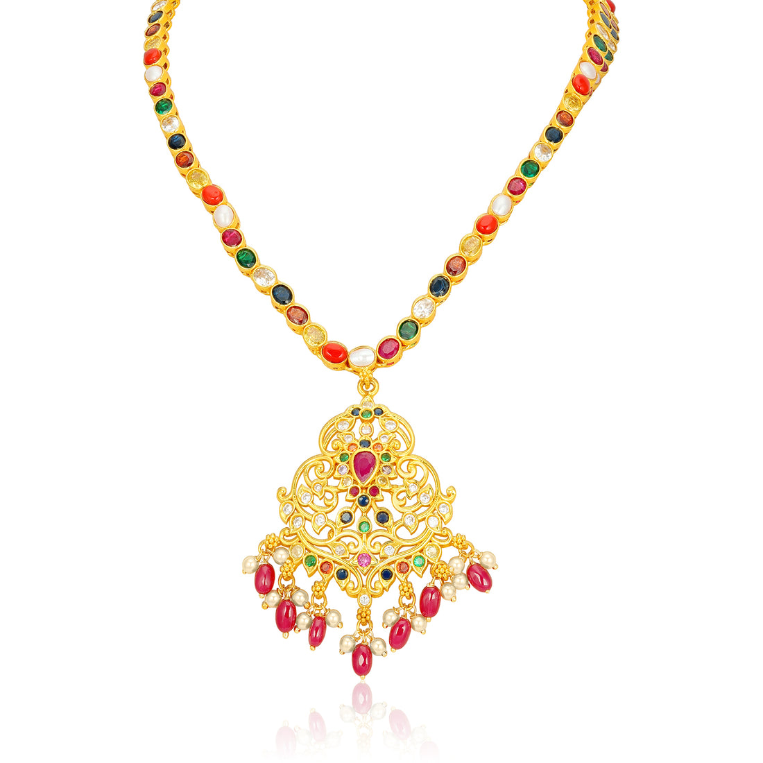 Royal Navratna Pink Bead Drop 925 Sterling Silver Gold Plated Short Haram for Women