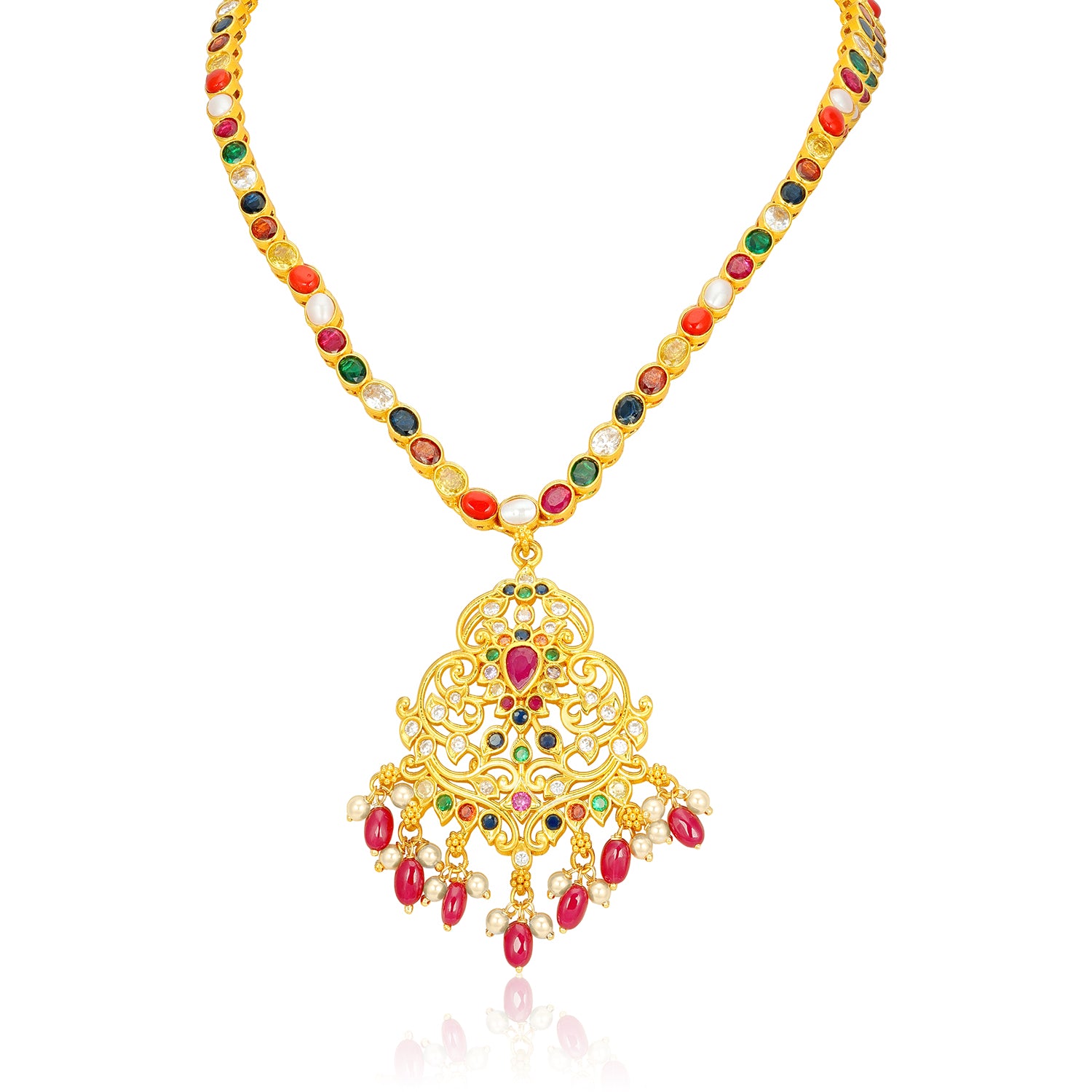 Royal Navratna Pink Bead Drop 925 Sterling Silver Gold Plated Short Haram for Women