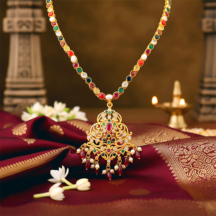 Royal Navratna Pink Bead Drop 925 Sterling Silver Gold Plated Short Haram for Women