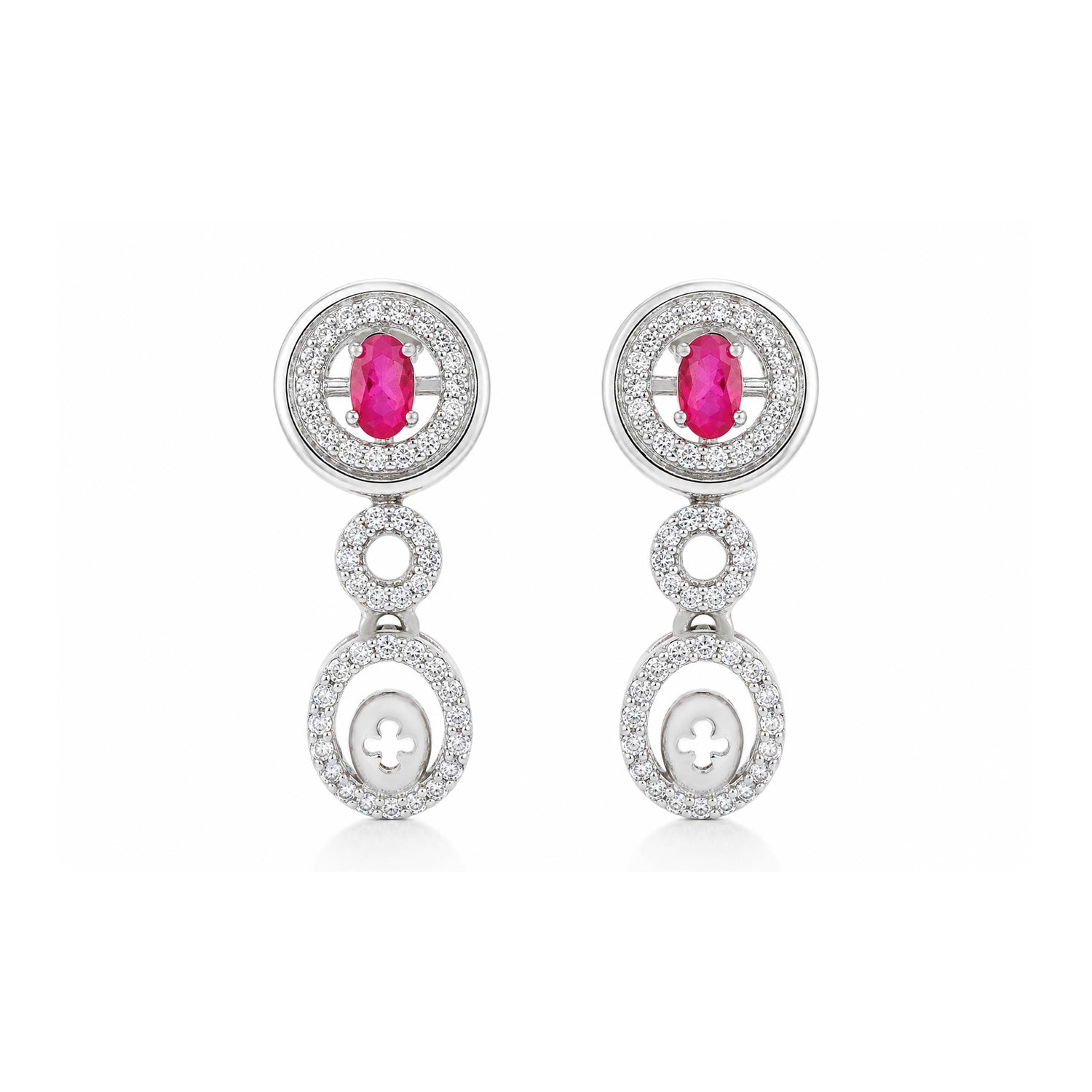 Royal Oval Pink Gemstone Halo Silver Drop Earrings