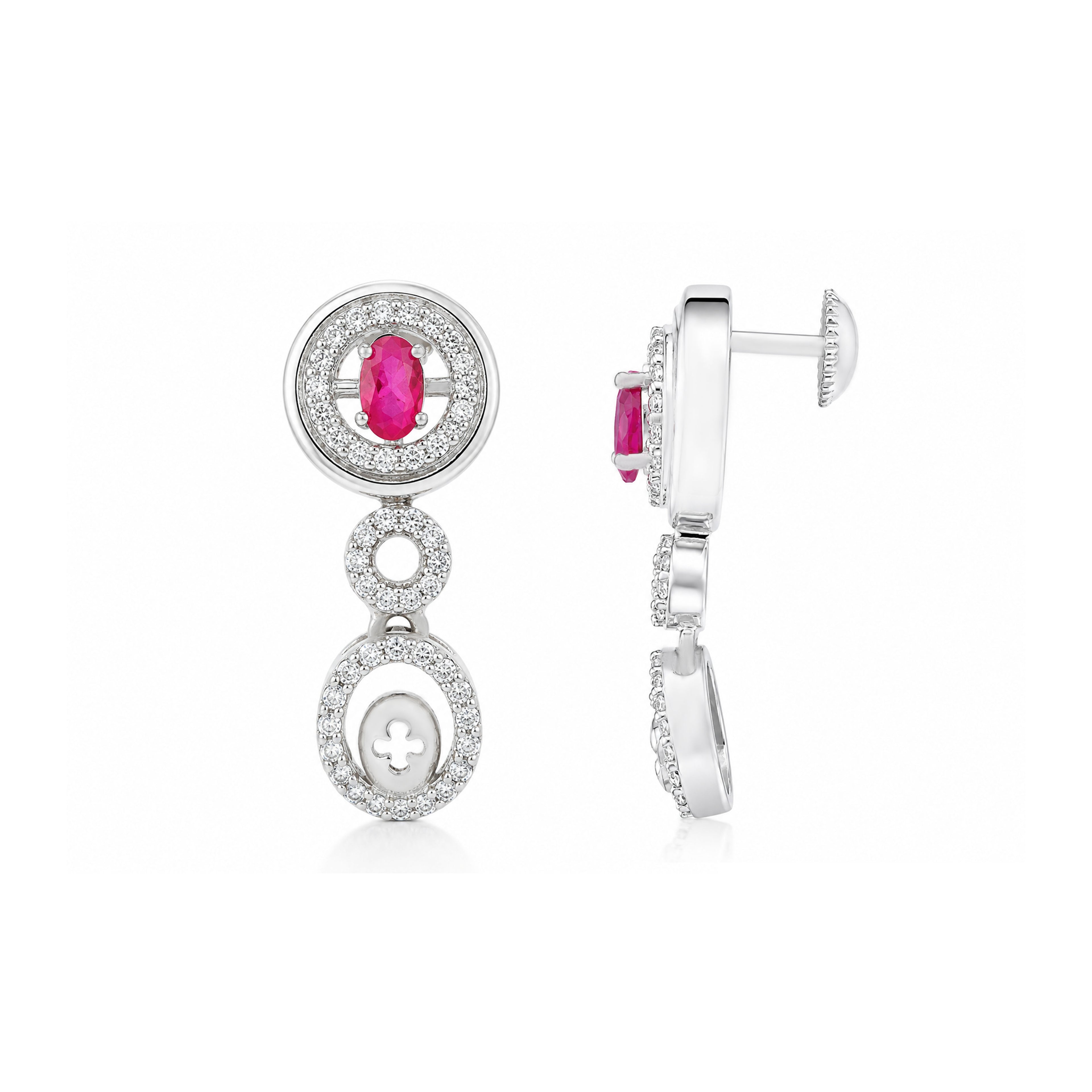 Royal Oval Pink Gemstone Halo Silver Drop Earrings
