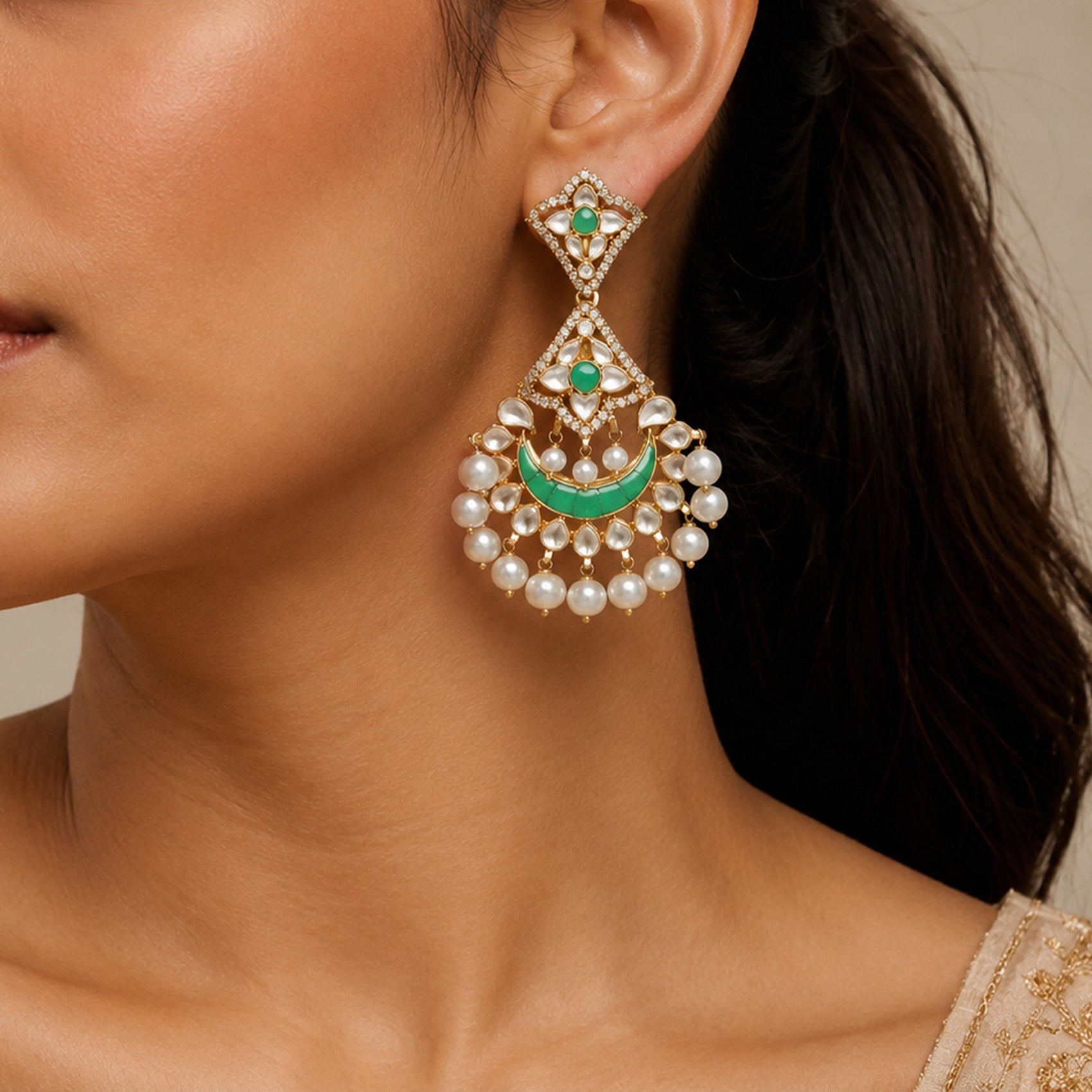 Royal Pearl 925 Sterling Silver Kundan Chandbali Earrings