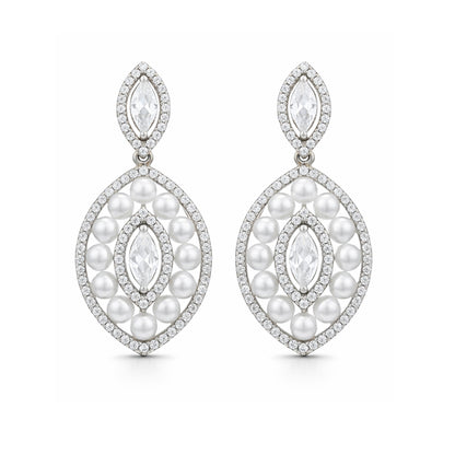 Pair of pearl and diamond earrings on a white background