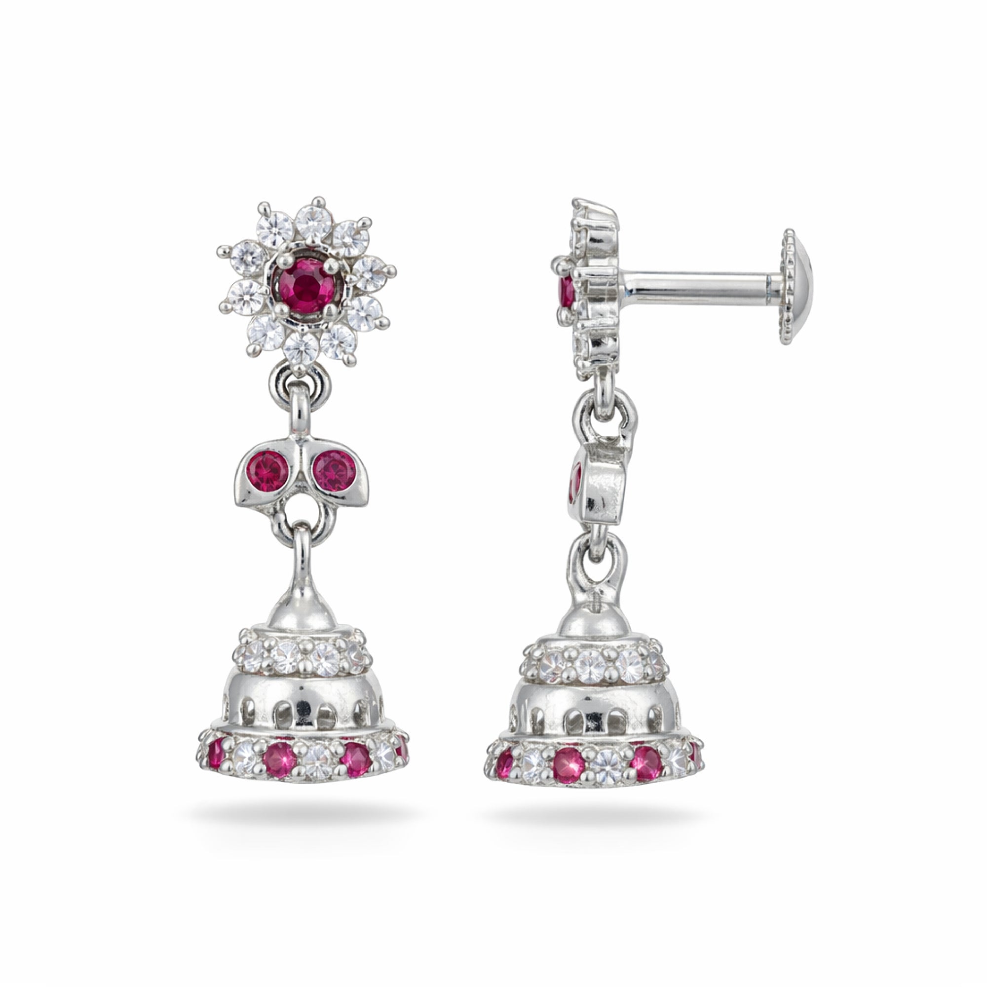 Silver earrings with red gemstones on a white background