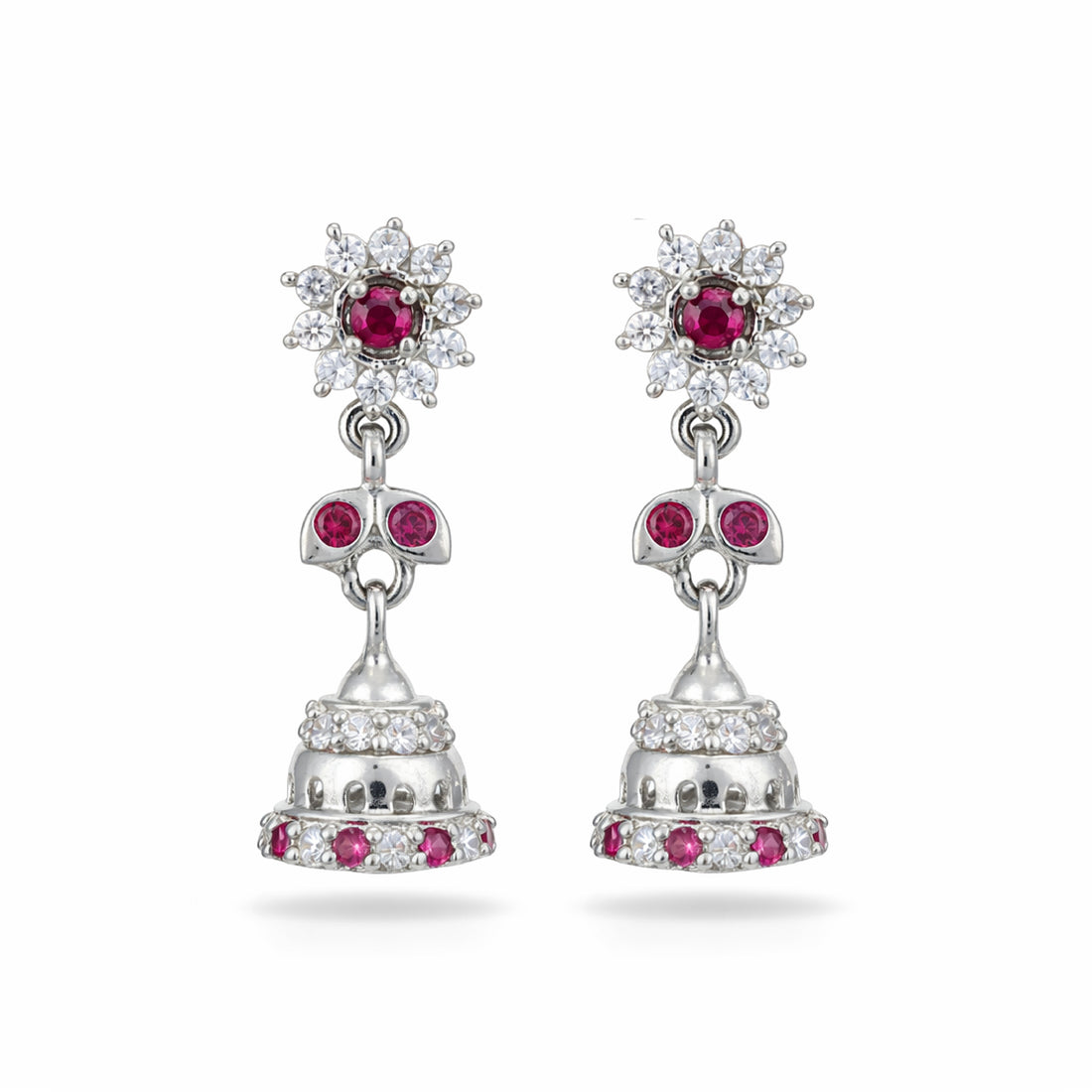 Silver earrings with red gemstones on a white background