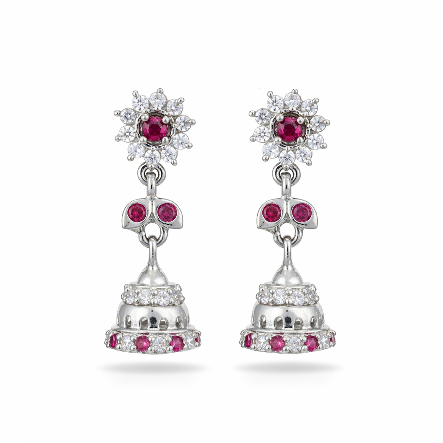 Silver earrings with red gemstones on a white background