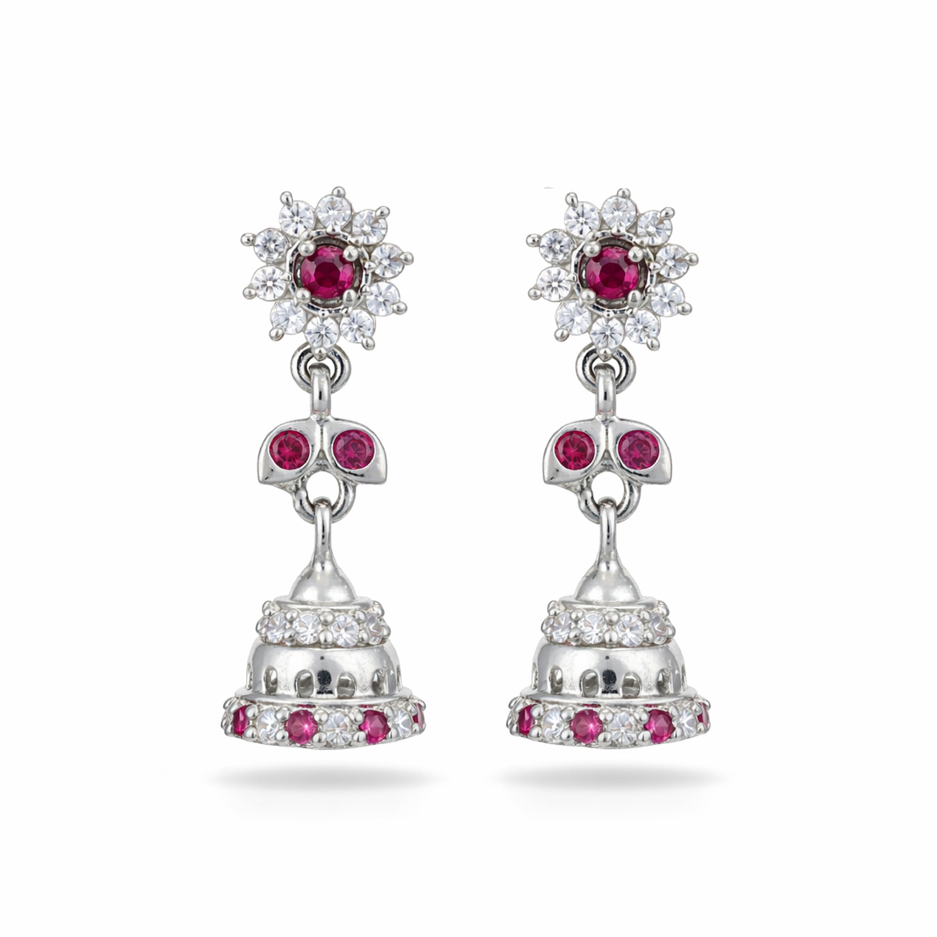 Silver earrings with red gemstones on a white background