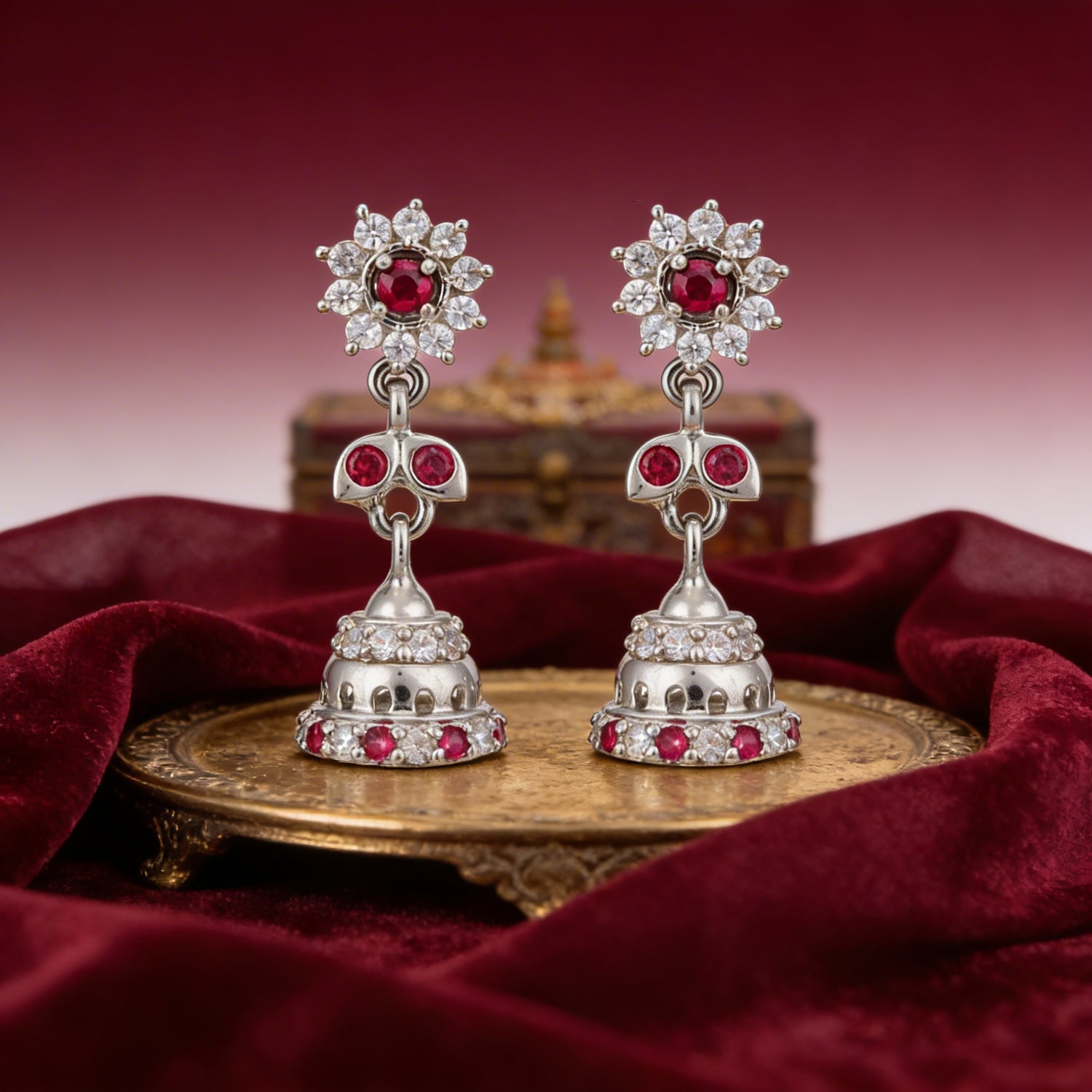 Royal Ruby Sparkle 925 Sterling Silver Jhumkha for women