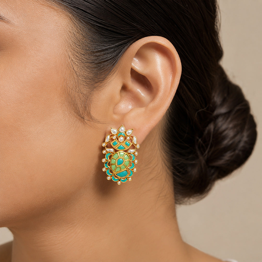 Royal Turquoise Blossom Pearl Ornate Designer Earring
