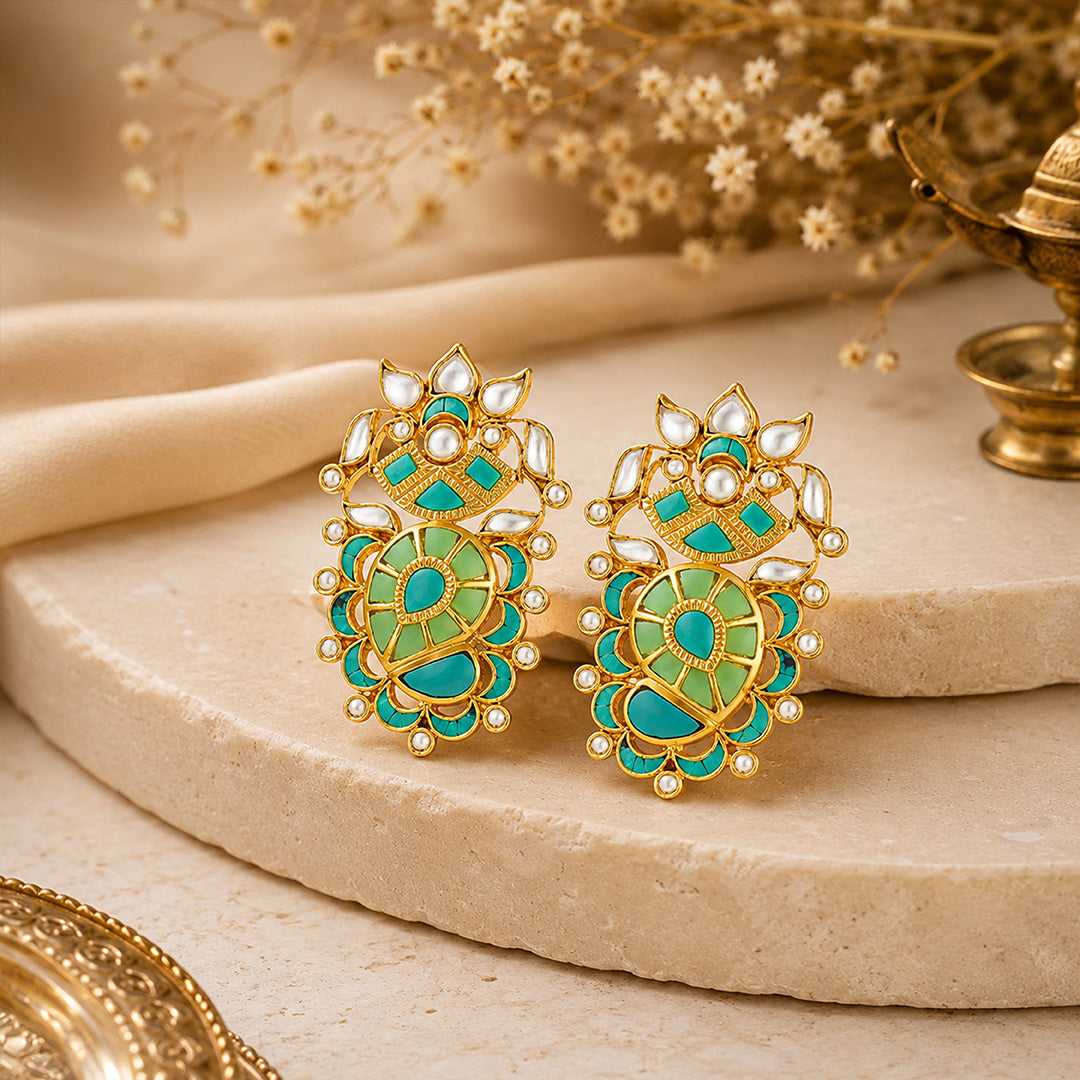 Royal Turquoise Blossom Pearl Ornate Designer Earring