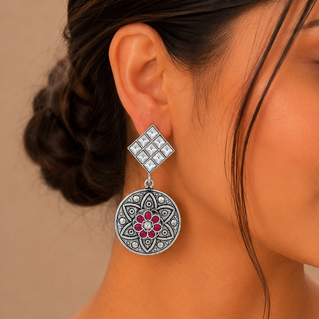 Ruby Mandala Bloom 925 Sterling Silver Statement Earring