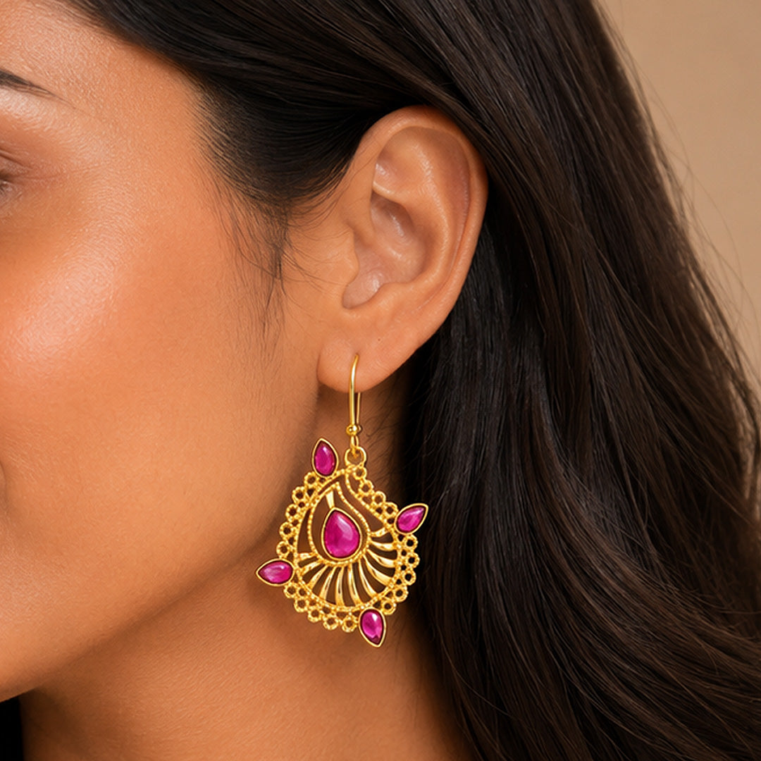 Ruby Paisley 925 Sterling Silver Filigree Drop Earrings