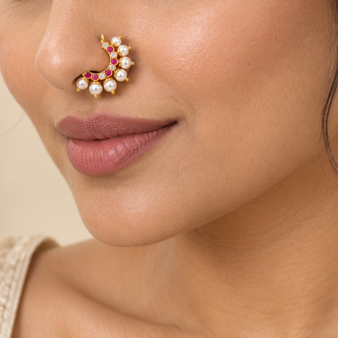 Ruby Zircon Screw Back Maharashtrian Nath Nose Ring