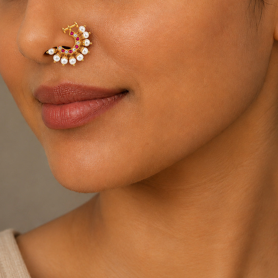 Ruby Zircon Screw Back Maharashtrian Nath Nose Ring
