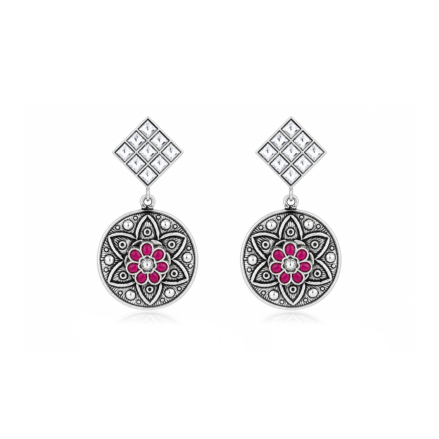 Ruby Mandala Bloom 925 Sterling Silver Statement Earring