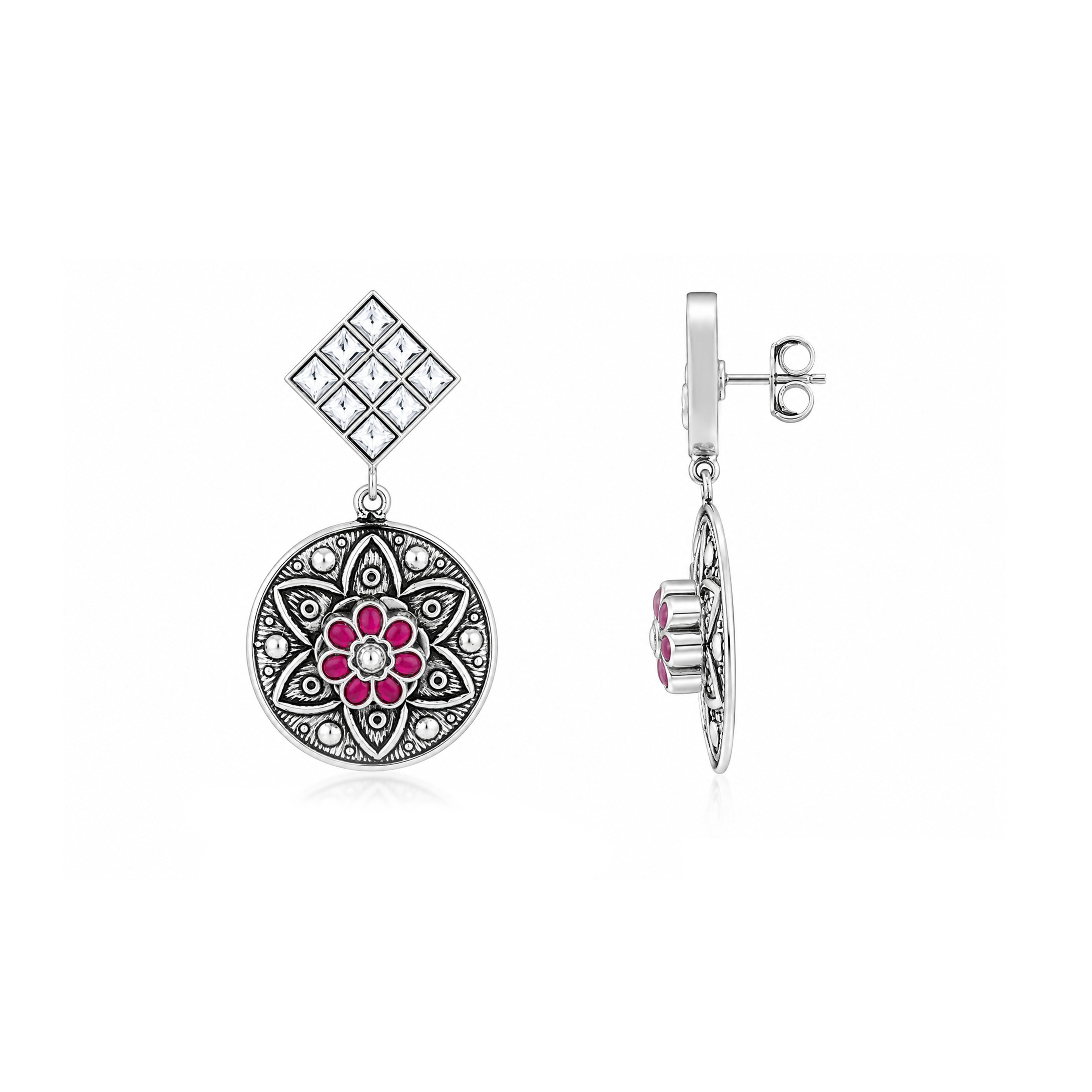 Ruby Mandala Bloom 925 Sterling Silver Statement Earring