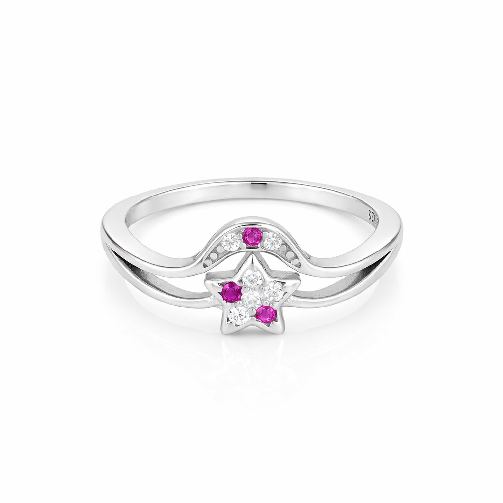 Silver ring with star design featuring pink gemstones on a white background