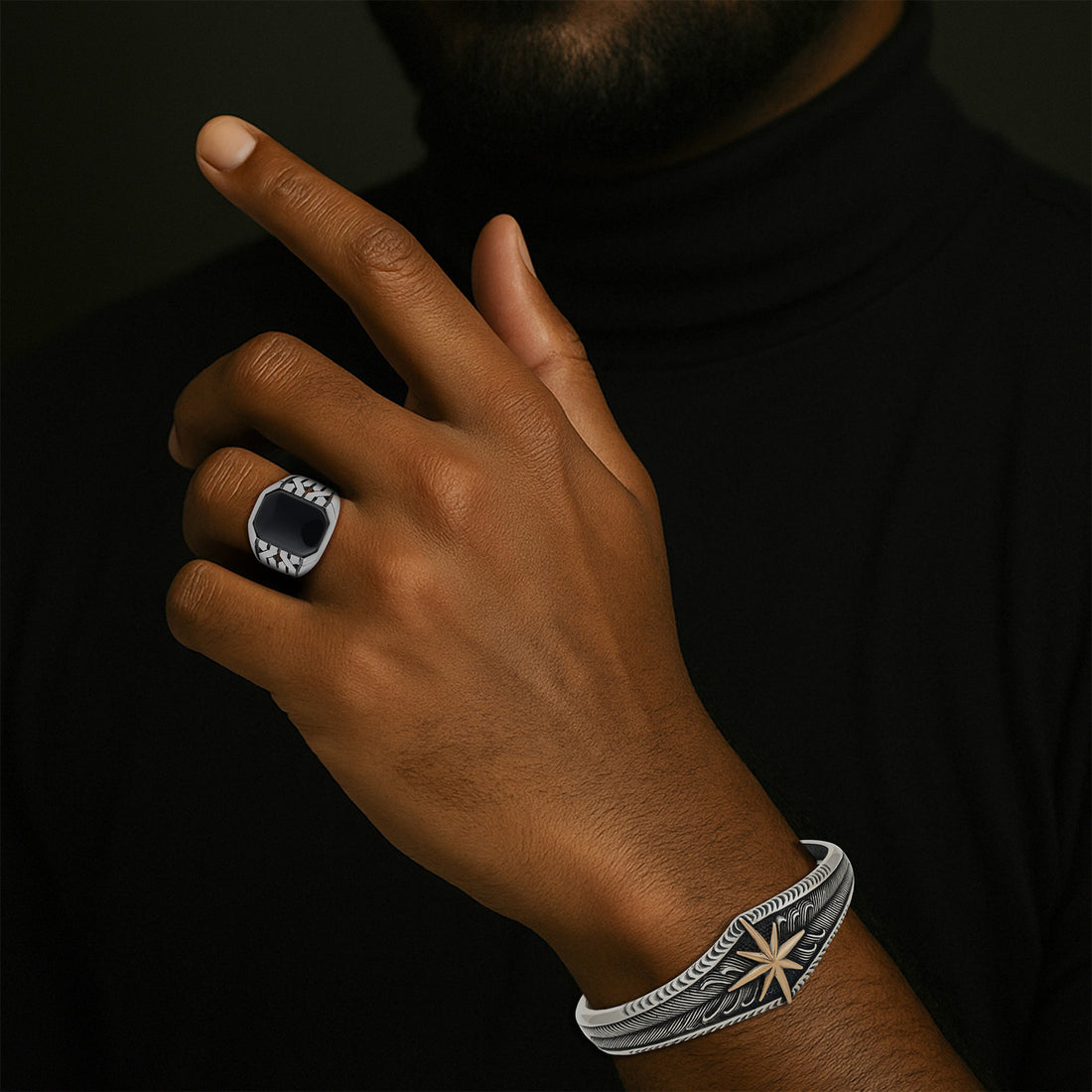 Octa 925 Black Agate Oxidised Cross Pattern Ring