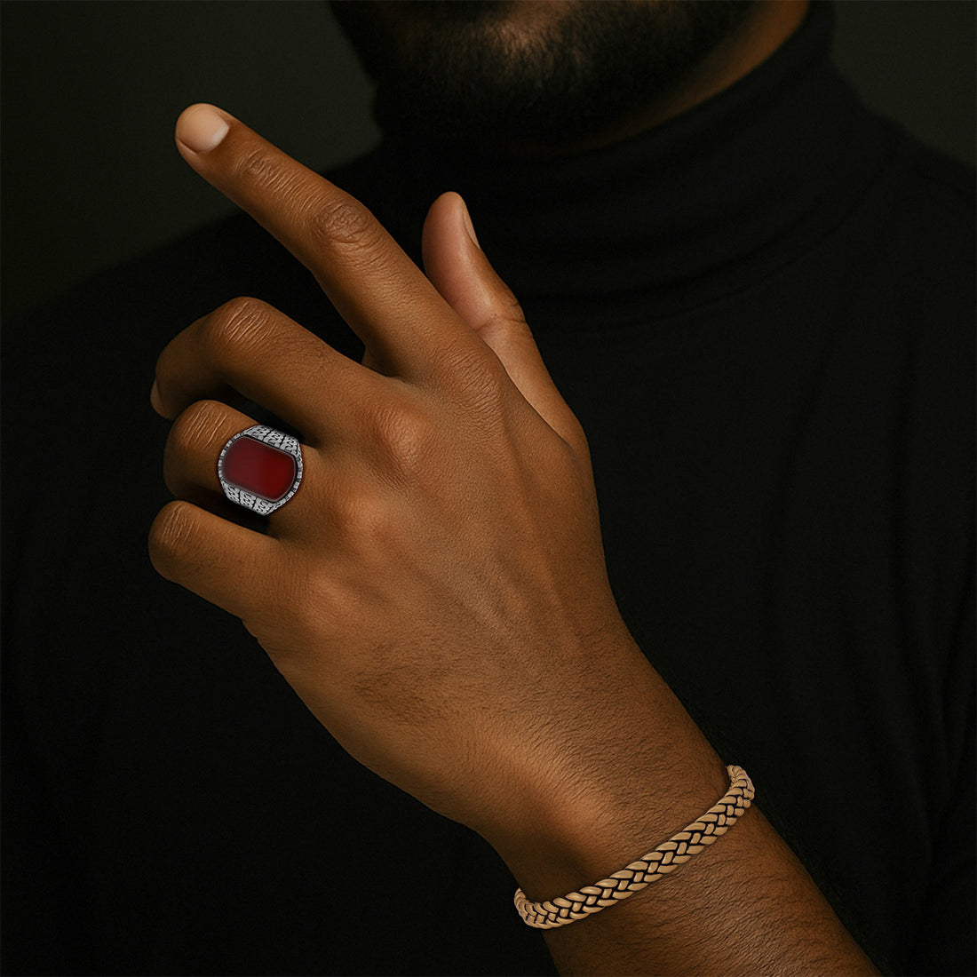Revamp Red Agate Sterling Silver Oxidised Cuban Pattern Ring