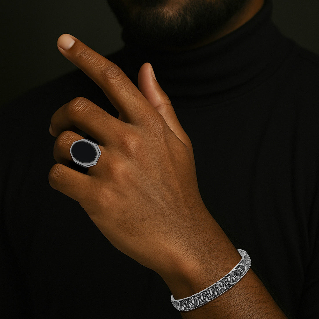 925 Black Agate Sterling Silver Geometric Ring