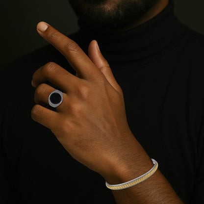 925 Monochrome Oxidised Checked Pattern Black Agate Ring