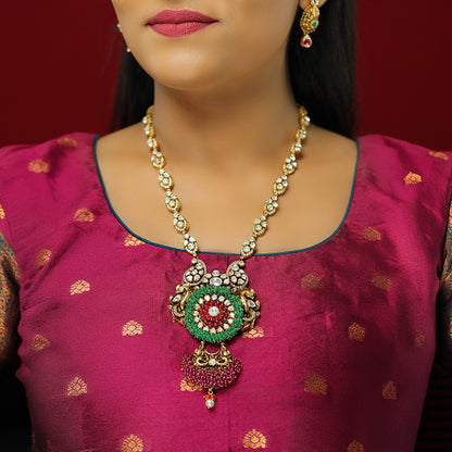 Sacred Dual Peacock 925 Gold Plated Green Red Drop Beads Haram
