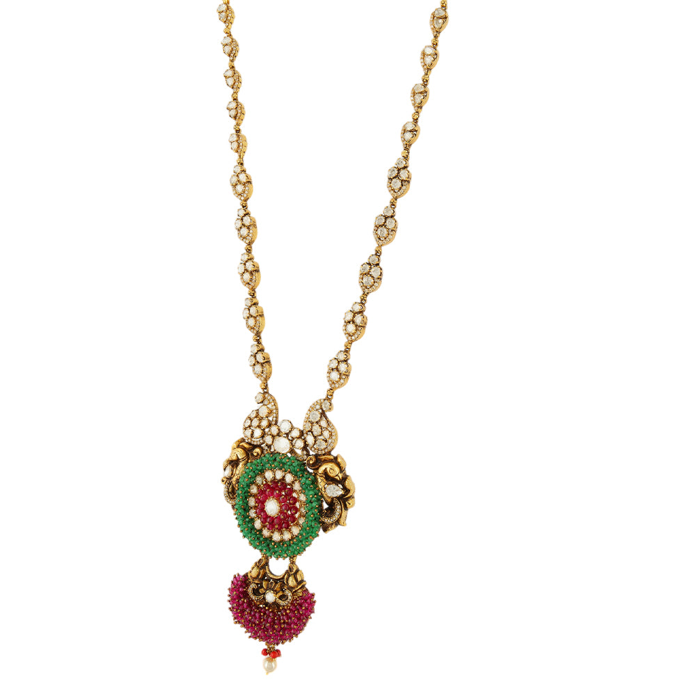 Sacred Dual Peacock 925 Gold Plated Green Red Drop Beads Haram