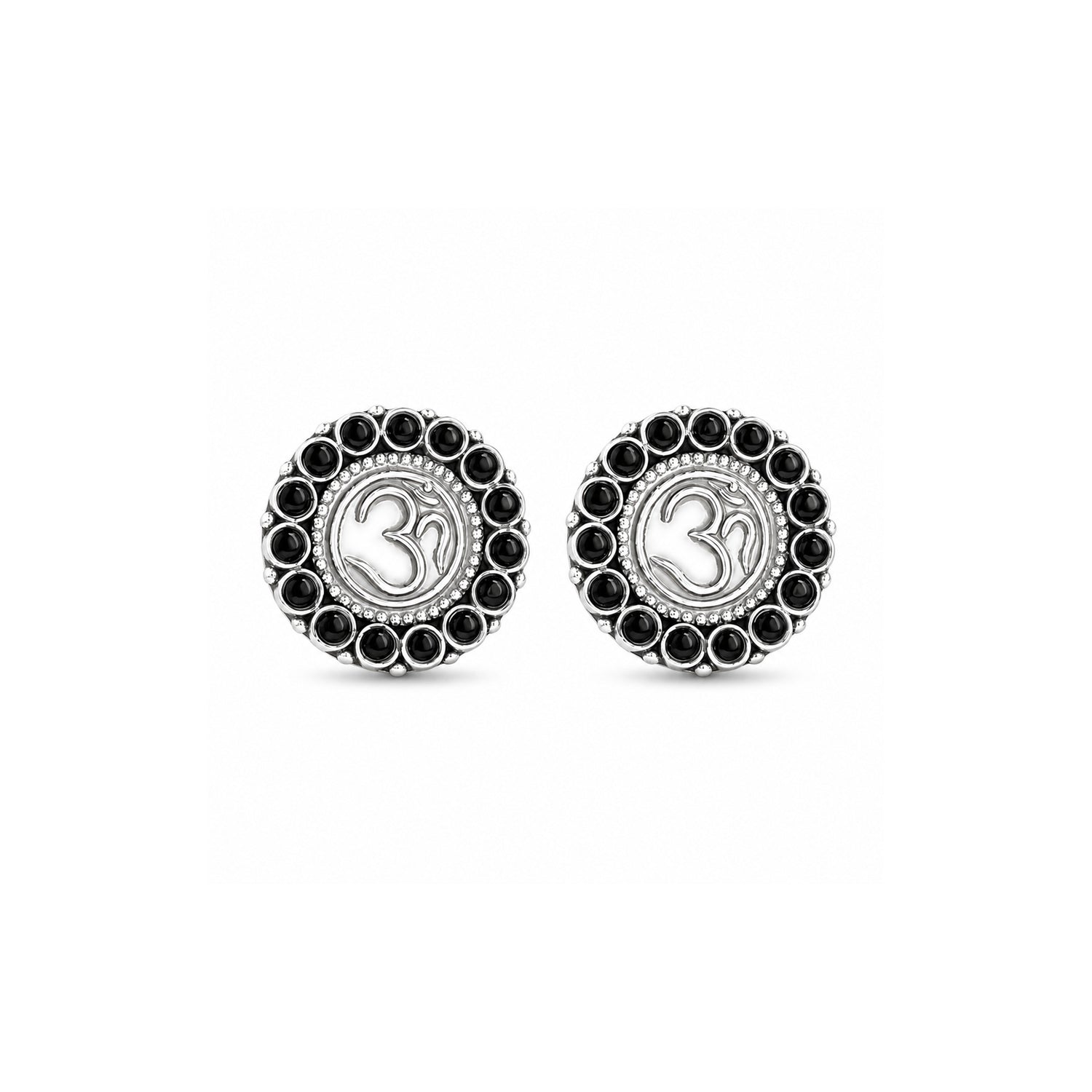 Sacred Om Silver Black Onyx Beaded Halo Stud Earrings