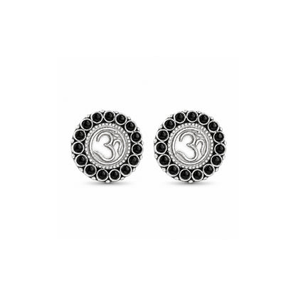 Sacred Om Silver Black Onyx Beaded Halo Stud Earrings