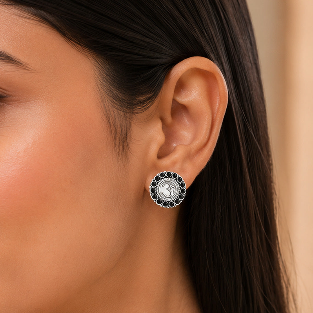 Sacred Om Silver Black Onyx Beaded Halo Stud Earrings