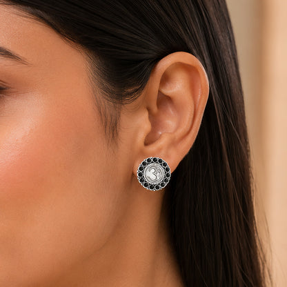 Sacred Om Silver Black Onyx Beaded Halo Stud Earrings