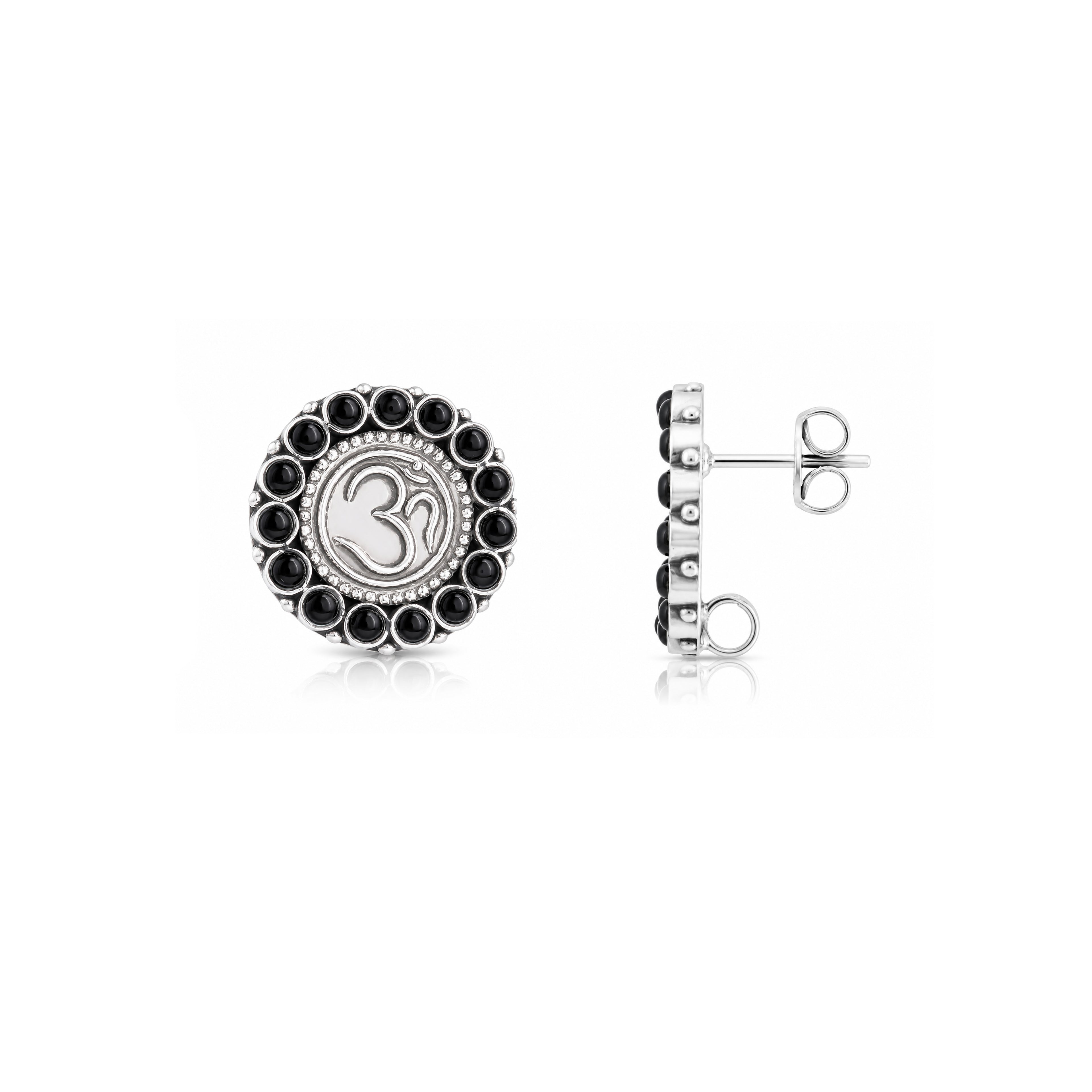 Sacred Om Silver Black Onyx Beaded Halo Stud Earrings