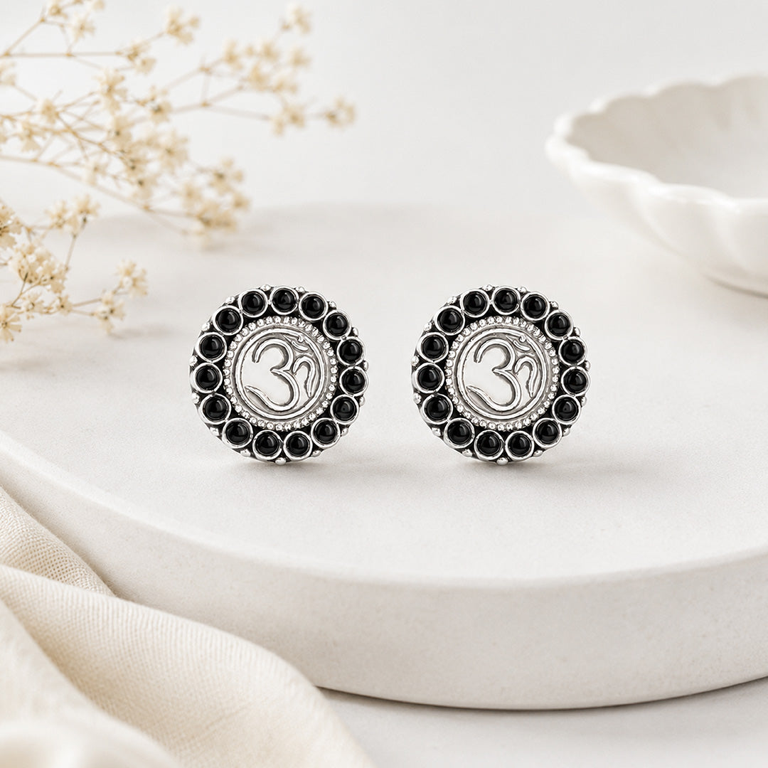 Sacred Om Silver Black Onyx Beaded Halo Stud Earrings