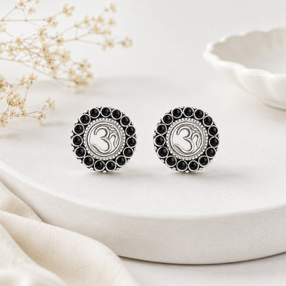Sacred Om Silver Black Onyx Beaded Halo Stud Earrings