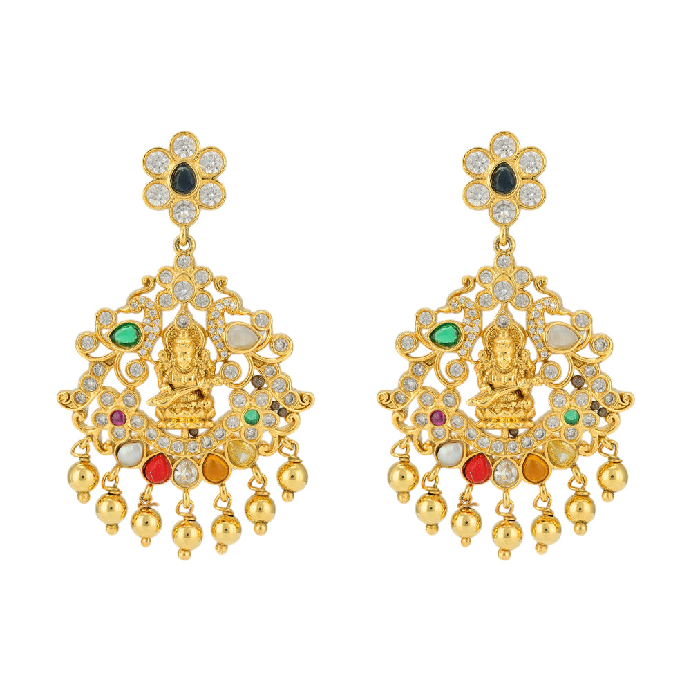 Saraswati Centered 925 Gold Plated Navaratna Stones Earrings