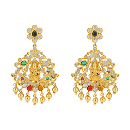 Saraswati Centered 925 Gold Plated Navaratna Stones Earrings